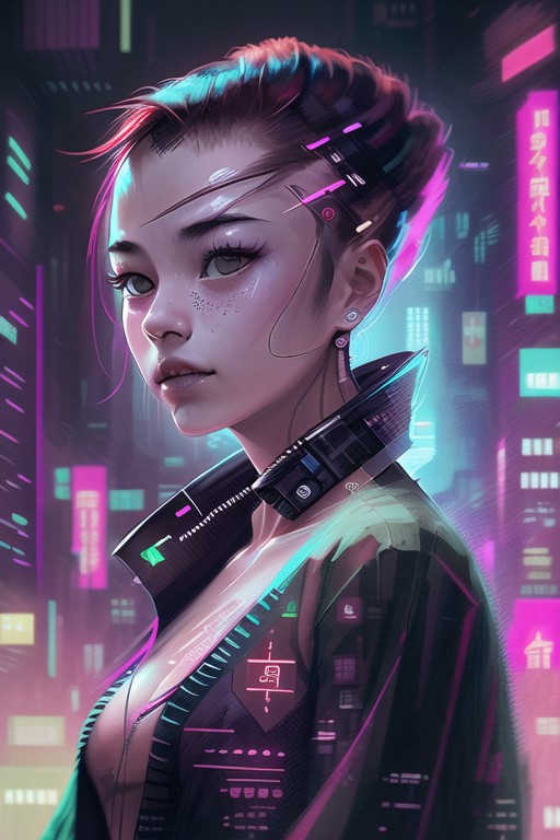 a portrait of a girl wearing a red kimono,cyberpunk